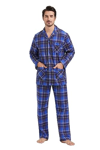 Amaxer 100% Baumwolle Herren Flanell Pyjamas Set Herren Pyjamas Home Fashion Pyjamas Langarm Hosen Set Oberteile mit Taschen Pyjamahosen mit Kordelzug,Dunkelblaues Karo mit weißen Linien,L von Amaxer