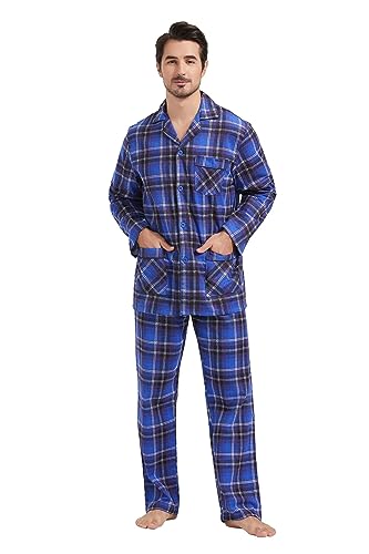 Amaxer 100% Baumwolle Herren Flanell Pyjamas Set Herren Pyjamas Home Fashion Pyjamas Langarm Hosen Set Oberteile mit Taschen Pyjamahosen mit Kordelzug,Dunkelblaues Karo mit weißen Linien,M von Amaxer