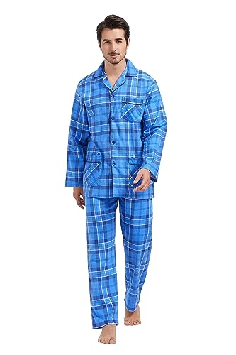 Amaxer 100% Baumwolle Herren Flanell Pyjamas Set Herren Pyjamas Home Fashion Pyjamas Langarm Hosen Set Oberteile mit Taschen Pyjamahosen mit Kordelzug,Hellblau kariert,XXL von Amaxer