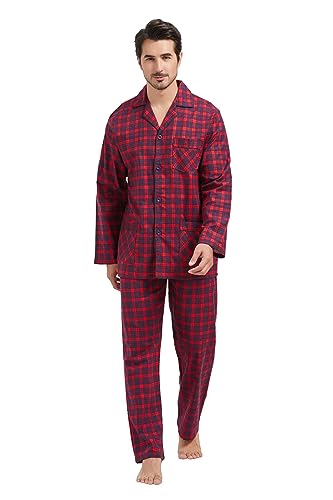 Amaxer 100% Baumwolle Herren Flanell Pyjamas Set Herren Pyjamas Home Fashion Pyjamas Langarm Hosen Set Oberteile mit Taschen Pyjamahosen mit Kordelzug,Rot-blau kariert,S von Amaxer