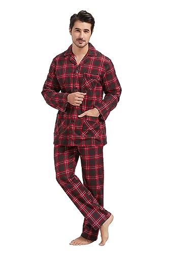 Amaxer 100% Baumwolle Herren Flanell Pyjamas Set Herren Pyjamas Home Fashion Pyjamas Langarm Hosen Set Oberteile mit Taschen Pyjamahosen mit Kordelzug,Rot und schwarz kariert mit weißen Linien,3XL von Amaxer