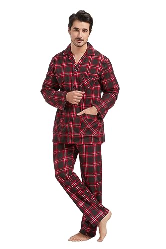 Amaxer 100% Baumwolle Herren Flanell Pyjamas Set Herren Pyjamas Home Fashion Pyjamas Langarm Hosen Set Oberteile mit Taschen Pyjamahosen mit Kordelzug,Rot und schwarz kariert mit weißen Linien,M von Amaxer