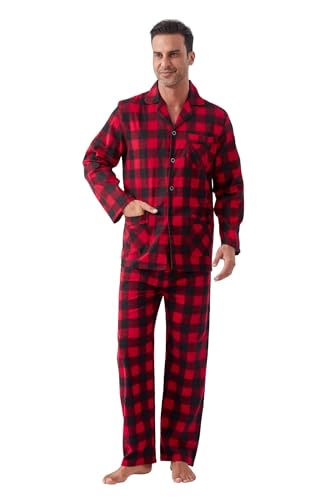 Amaxer 100% Baumwolle Herren Flanell Pyjamas Set Herren Pyjamas Home Fashion Pyjamas Langarm Hosen Set Oberteile mit Taschen Pyjamahosen mit Kordelzug/XXL von Amaxer