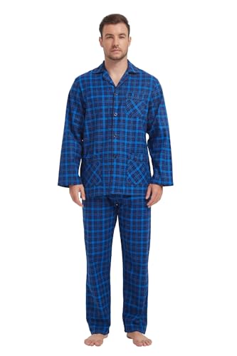 Amaxer 100% Baumwolle Herren Flanell Pyjamas Set Herren Pyjamas Home Fashion Pyjamas Langarm Hosen Set Oberteile mit Taschen Pyjamahosen mit Kordelzug S-3XL von Amaxer
