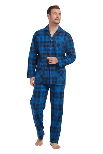 Amaxer 100% Baumwolle Herren Flanell Pyjamas Set Herren Pyjamas Home Fashion Pyjamas Langarm Hosen Set Oberteile mit Taschen Pyjamahosen mit Kordelzug S-3XL von Amaxer