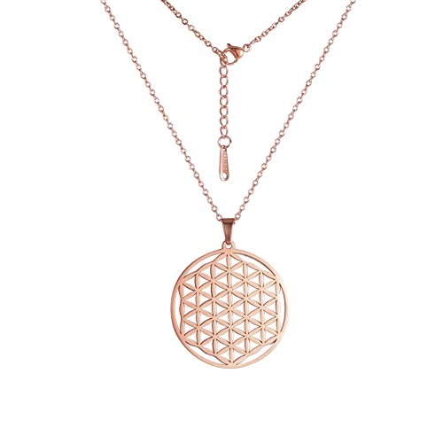 Amaxer Blume des Lebens Halskette für Frauen Edelstahl Mandala Heilige Geometrie Kreis Runde ausgehöhlt Charm Anhänger Halskette (Roségold) von Amaxer