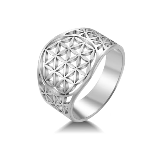 Amaxer Blume des Lebens Ring für Damen, Mandala, heilige Geometrie, trendig, Edelstahl, ausgehöhlt, Statement-Band, Fingerring (Silber, 18mm) von Amaxer