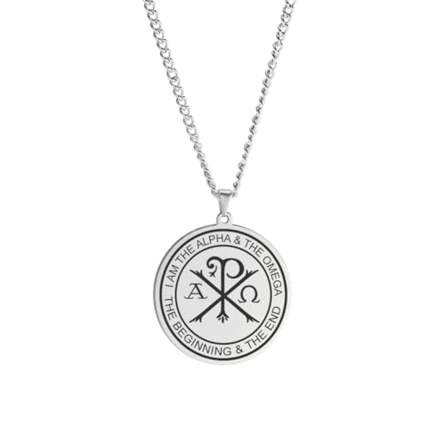 Amaxer Chi Rho Halskette für Männer Griechisch-Orthodoxe Alpha Omega Symbol Medaillon Runde Edelstahl Schmuck Kette Halskette (Silber) von Amaxer