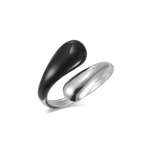 Amaxer Chunky Teardrop Water Drop Emaille-Ring für Damen Edelstahl Verstellbar Große Dicke Glatte Gebogene Offene Daumenringe (Silber-Schwarz) von Amaxer