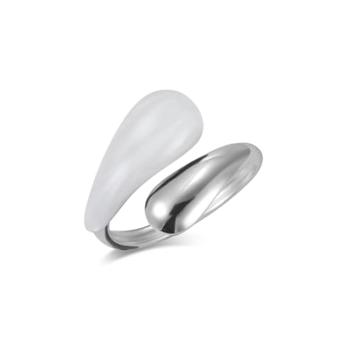 Amaxer Chunky Teardrop Water Drop Emaille-Ring für Damen Edelstahl Verstellbar Große Dicke Glatte Gebogene Offene Daumenringe (Silber-Weiß) von Amaxer