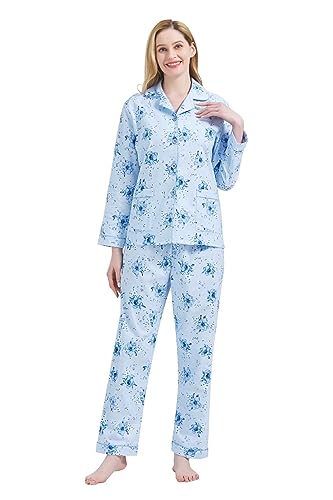 Amaxer Damen Flanell Thermal Pyjama Set 100% Baumwolle Herbst/Winter Pyjama Set，Blaue Blumen mit blauen Untertönen，S von Amaxer