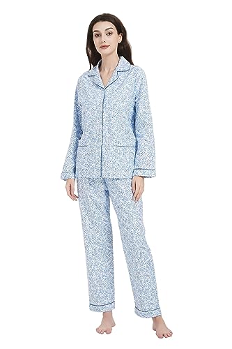 Amaxer Damen Flanell Thermal Pyjama Set 100% Baumwolle Herbst/Winter Pyjama Set，Blaue zerstoßene Blumen，L von Amaxer