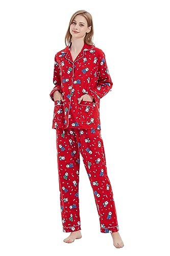 Amaxer Damen Flanell Thermal Pyjama Set 100% Baumwolle Herbst/Winter Pyjama Set，Hund im blauen Kleid，L von Amaxer