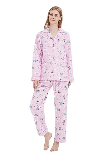 Amaxer Damen Flanell Thermal Pyjama Set 100% Baumwolle Herbst/Winter Pyjama Set，Hund im rosa Kleid，L von Amaxer