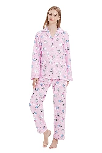 Amaxer Damen Flanell Thermal Pyjama Set 100% Baumwolle Herbst/Winter Pyjama Set，Hund im rosa Kleid，M von Amaxer