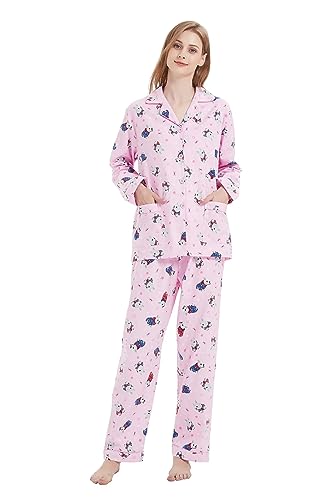 Amaxer Damen Flanell Thermal Pyjama Set 100% Baumwolle Herbst/Winter Pyjama Set，Hund in Rot gekleidet，M von Amaxer