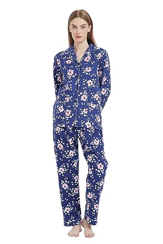 Amaxer Damen Flanell Thermal Pyjama Set 100% Baumwolle Herbst/Winter Pyjama Set，Rosa Blüten und dunkelblaue Blaue Untertöne，L von Amaxer