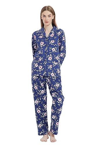 Amaxer Damen Flanell Thermal Pyjama Set 100% Baumwolle Herbst/Winter Pyjama Set，Rosa Blüten und dunkelblaue Blaue Untertöne，XXL von Amaxer