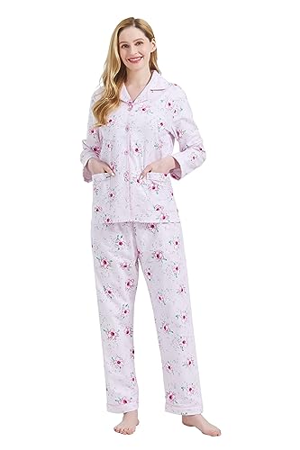 Amaxer Damen Flanell Thermal Pyjama Set 100% Baumwolle Herbst/Winter Pyjama Set，Rosa Blumen mit rosa Untertönen，L von Amaxer