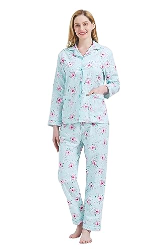 Amaxer Damen Flanell Thermal Pyjama Set 100% Baumwolle Herbst/Winter Pyjama Set，Rosa Blumen und grüne Untertöne，L von Amaxer