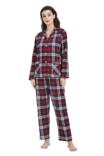 Amaxer Damen Flanell Thermal Pyjama Set 100% Baumwolle Herbst/Winter Pyjama Set，Rot und blau kariert mit weißen Linien，3XL von Amaxer
