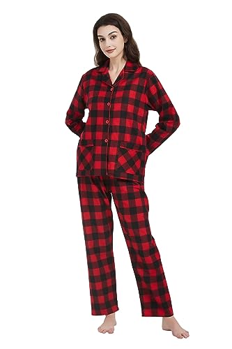 Amaxer Damen Flanell Thermal Pyjama Set 100% Baumwolle Herbst/Winter Pyjama Set，Rot und schwarz kariert，XL von Amaxer