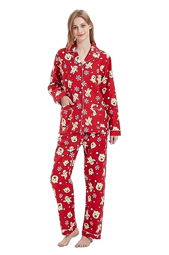 Amaxer Damen Flanell Thermal Pyjama Set 100% Baumwolle Herbst/Winter Pyjama Set，Roter Hintergrund mit Elch，XL von Amaxer