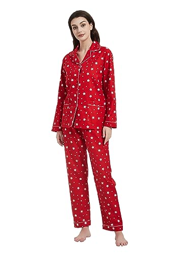 Amaxer Damen Flanell Thermal Pyjama Set 100% Baumwolle Herbst/Winter Pyjama Set，Roter Hintergrund mit Sternen，L von Amaxer