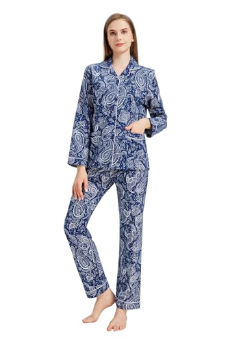 Amaxer Damen Flanell Thermal Pyjama Set mit Knopfleiste 100% Baumwolle Herbst/Winter Pyjamas Lang Zweiteiler Hausanzug mit Taschen für Damen M von Amaxer