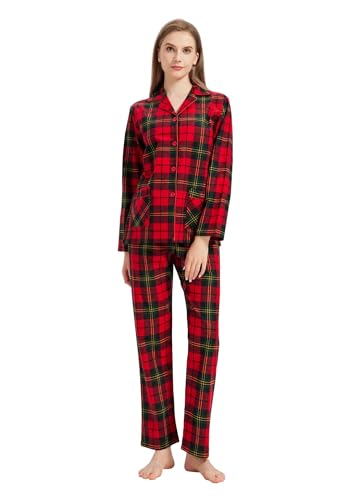 Amaxer Damen Flanell Thermal Pyjama Set mit Knopfleiste 100% Baumwolle Herbst/Winter Pyjamas Lang Zweiteiler Hausanzug mit Taschen für Damen M von Amaxer