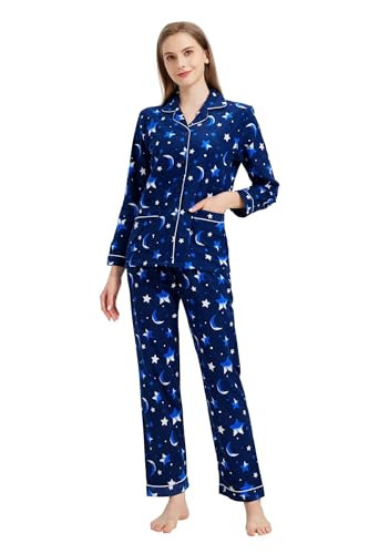 Amaxer Damen Flanell Thermal Pyjama Set mit Knopfleiste 100% Baumwolle Herbst/Winter Pyjamas Lang Zweiteiler Hausanzug mit Taschen für Damen S von Amaxer