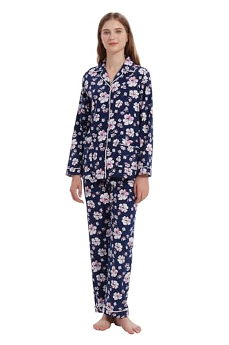 Amaxer Damen Flanell Thermal Pyjama Set mit Knopfleiste 100% Baumwolle Herbst/Winter Pyjamas Lang Zweiteiler Hausanzug mit Taschen für Damen von Amaxer