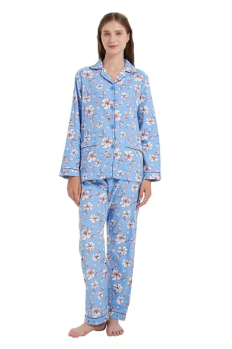Amaxer Damen Flanell Thermal Pyjama Set mit Knopfleiste 100% Baumwolle Herbst/Winter Pyjamas Lang Zweiteiler Hausanzug mit Taschen für Damen von Amaxer