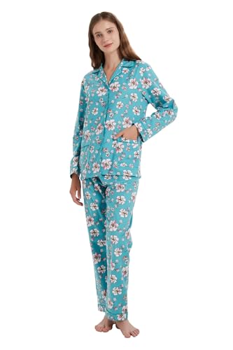 Amaxer Damen Flanell Thermal Pyjama Set mit Knopfleiste 100% Baumwolle Herbst/Winter Pyjamas Lang Zweiteiler Hausanzug mit Taschen für Damen von Amaxer