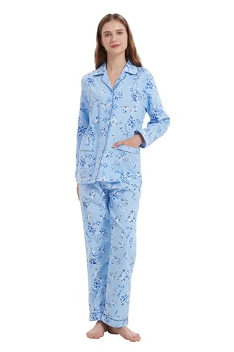Amaxer Damen Flanell Thermal Pyjama Set mit Knopfleiste 100% Baumwolle Herbst/Winter Pyjamas Lang Zweiteiler Hausanzug mit Taschen für Damen von Amaxer