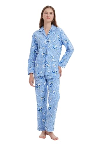 Amaxer Damen Flanell Thermal Pyjama Set mit Knopfleiste 100% Baumwolle Herbst/Winter Pyjamas Lang Zweiteiler Hausanzug mit Taschen für Damen von Amaxer