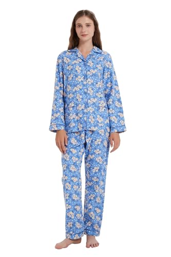 Amaxer Damen Flanell Thermal Pyjama Set mit Knopfleiste 100% Baumwolle Herbst/Winter Pyjamas Lang Zweiteiler Hausanzug mit Taschen für Damen von Amaxer