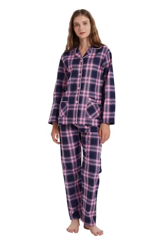 Amaxer Damen Flanell Thermal Pyjama Set mit Knopfleiste 100% Baumwolle Herbst/Winter Pyjamas Lang Zweiteiler Hausanzug mit Taschen für Damen von Amaxer