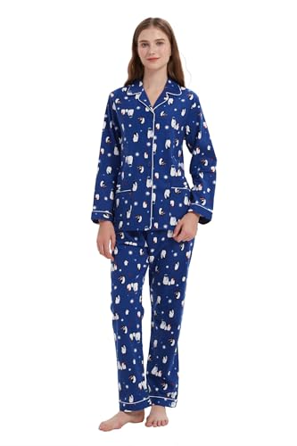 Amaxer Damen Flanell Thermal Pyjama Set mit Knopfleiste 100% Baumwolle Herbst/Winter Pyjamas Lang Zweiteiler Hausanzug mit Taschen für Damen von Amaxer