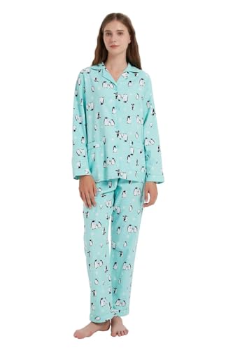 Amaxer Damen Flanell Thermal Pyjama Set mit Knopfleiste 100% Baumwolle Herbst/Winter Pyjamas Lang Zweiteiler Hausanzug mit Taschen für Damen von Amaxer