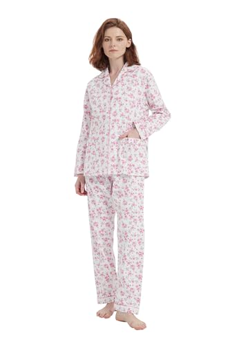 Amaxer Damen Flanell Thermal Pyjama Set mit Knopfleiste 100% Baumwolle Herbst/Winter Pyjamas Lang Zweiteiler Hausanzug mit Taschen für Damen von Amaxer
