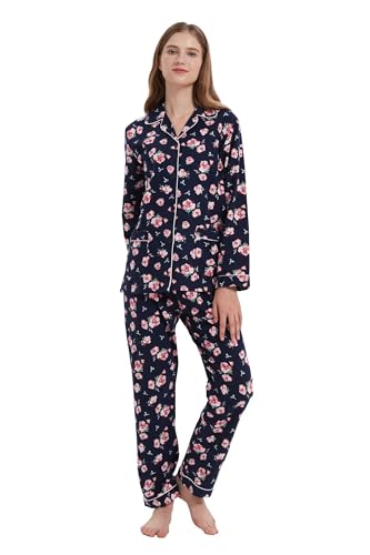 Amaxer Damen Flanell Thermal Pyjama Set mit Knopfleiste 100% Baumwolle Herbst/Winter Pyjamas Lang Zweiteiler Hausanzug mit Taschen für Damen von Amaxer