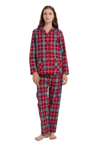 Amaxer Damen Flanell Thermal Pyjama Set mit Knopfleiste 100% Baumwolle Herbst/Winter Pyjamas Lang Zweiteiler Hausanzug mit Taschen für Damen von Amaxer