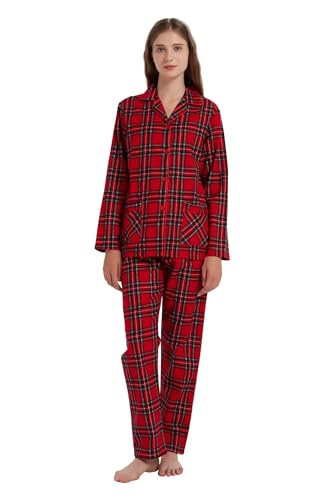 Amaxer Damen Flanell Thermal Pyjama Set mit Knopfleiste 100% Baumwolle Herbst/Winter Pyjamas Lang Zweiteiler Hausanzug mit Taschen für Damen von Amaxer
