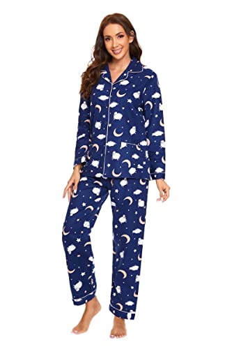 Amaxer Damen Flanell Thermal Pyjama Set mit Knopfleiste 100% Baumwolle Herbst/Winter Pyjamas Lang Zweiteiler Hausanzug mit Taschen für Damen von Amaxer