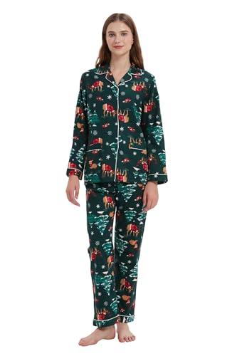 Amaxer Damen Flanell Thermal Pyjama Set mit Knopfleiste 100% Baumwolle Herbst/Winter Pyjamas Lang Zweiteiler Hausanzug mit Taschen für Damen von Amaxer