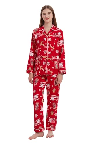 Amaxer Damen Flanell Thermal Pyjama Set mit Knopfleiste 100% Baumwolle Herbst/Winter Pyjamas Lang Zweiteiler Hausanzug mit Taschen für Damen von Amaxer