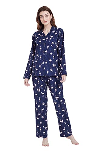 Amaxer Thermo Flanell Schlafanzug Damen 100% Baumwolle Pyjama Set Lang Winter Warmer Sleepwear | Marineblauer Flamingo, L von Amaxer