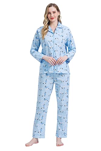 Amaxer Damen Zweiteiliger Schlafanzug Baumwolle Pyjama Set Langarm Nachtwäsche Hausanzug Sleepwear und Pyjamahose Lounge Sets,Blaublümchen,L von Amaxer