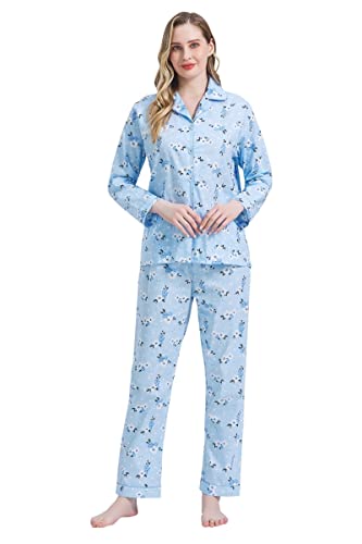 Amaxer Damen Zweiteiliger Schlafanzug Baumwolle Pyjama Set Langarm Nachtwäsche Hausanzug Sleepwear und Pyjamahose Lounge Sets,Blaublümchen,XL von Amaxer